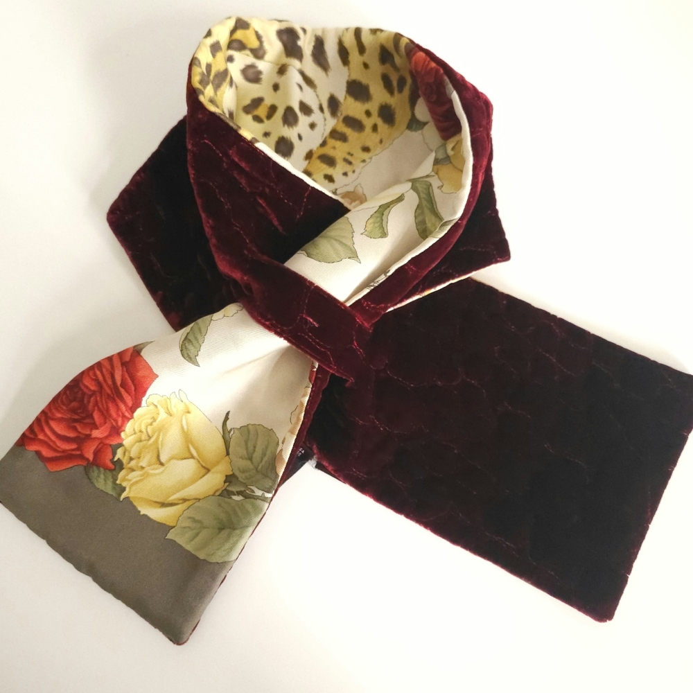 Salvatore Ferragamo burgundy velvet   flower leopard pattern silk scarf - Picture 2 of 16